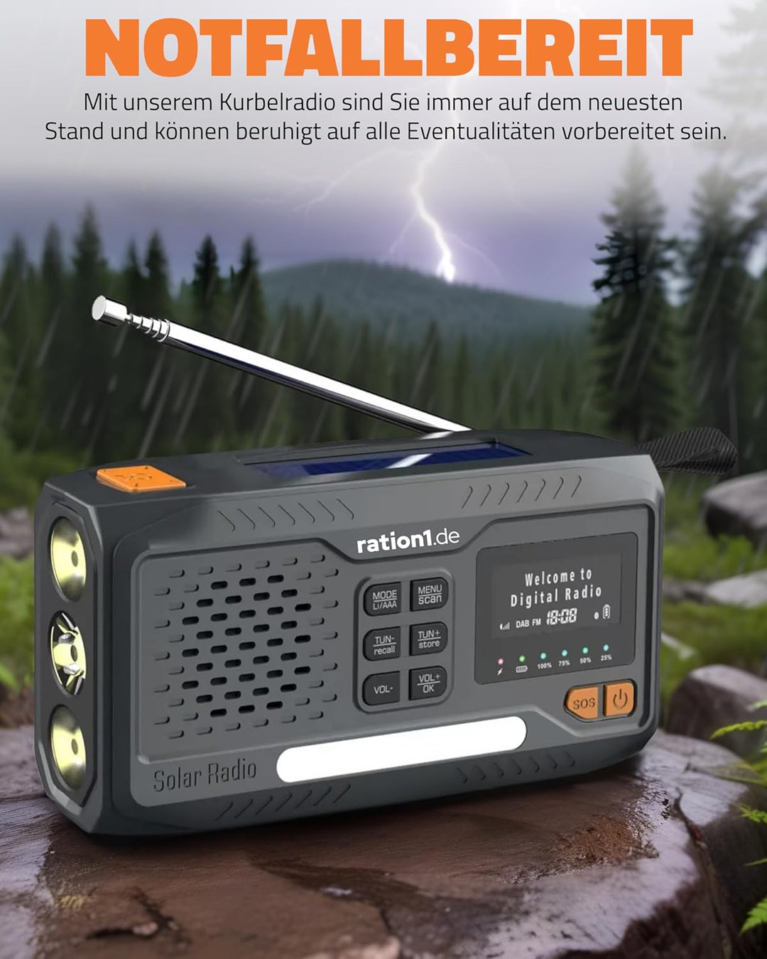 ration1 Kurbelradio DAB+, tragbares Solar Radio, Outdoor Radio, Notfallradio mit Handkurbel, Power B