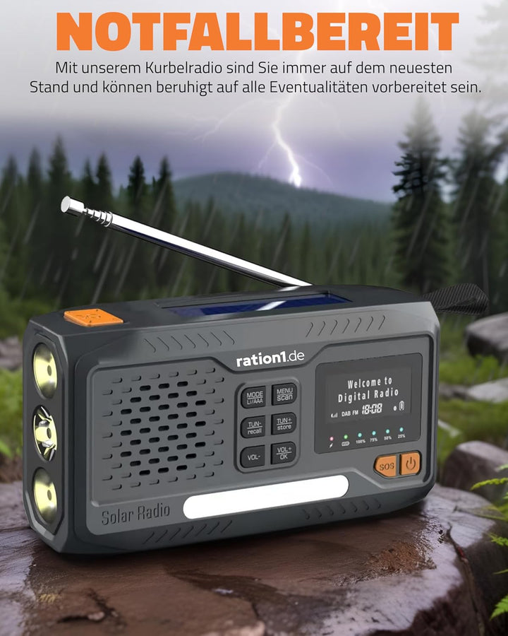 ration1 Kurbelradio DAB+, tragbares Solar Radio, Outdoor Radio, Notfallradio mit Handkurbel, Power B