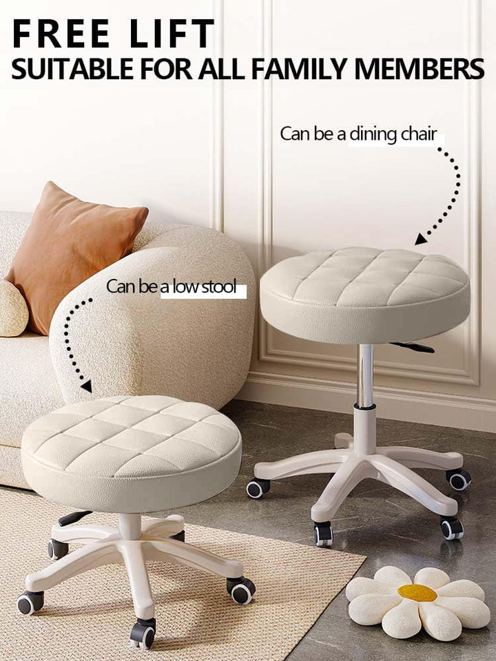 Kleiner Stuhl, runder Drehhocker mit Rollen, Sitzhöhe 35–45 cm, 360° drehbar, PU-Leder, höhenverstel