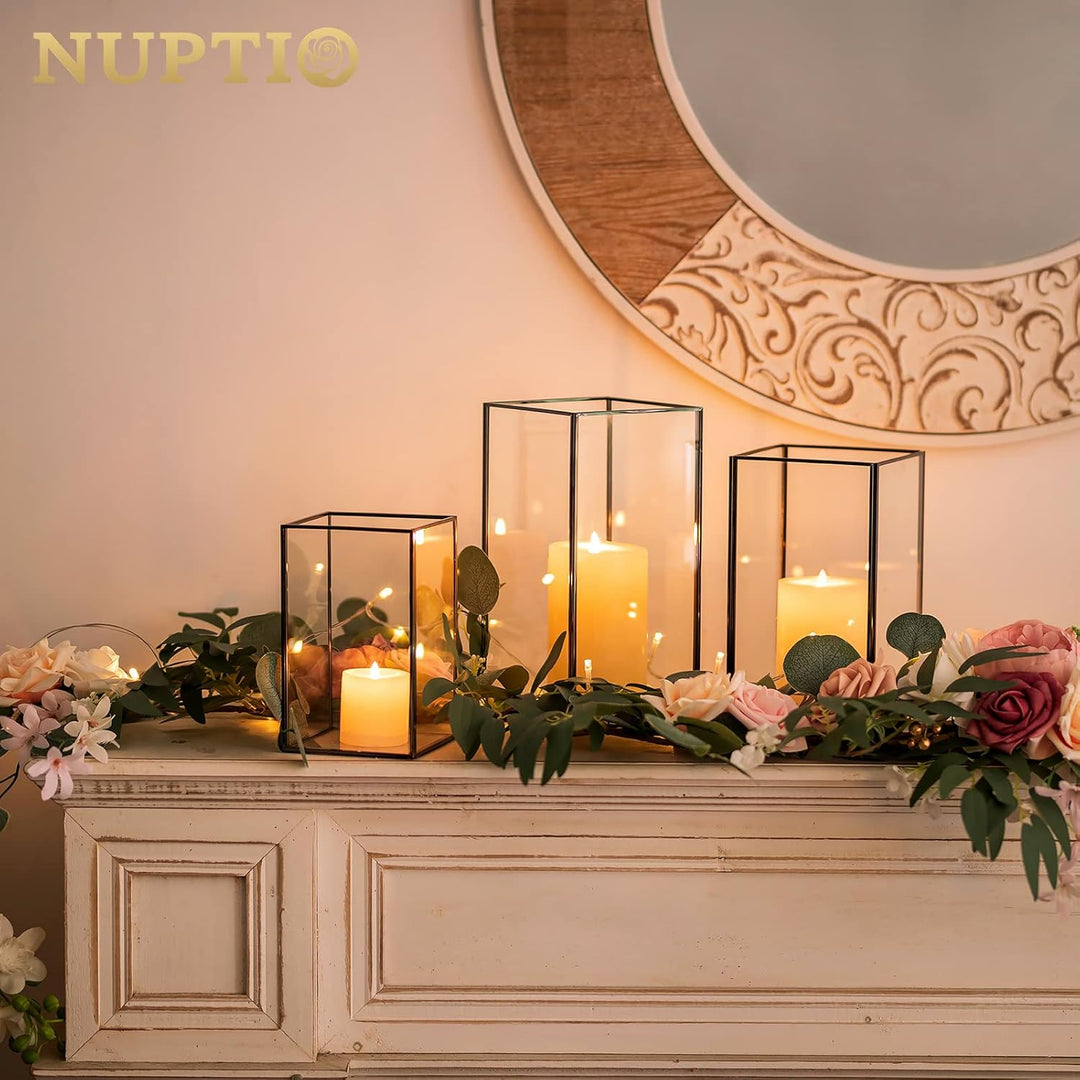 NUPTIO Windlicht Schwarz Glas Laterne: Gold Kerzenständer Metall Set von 3 Gross Kerzenhalter Hochze