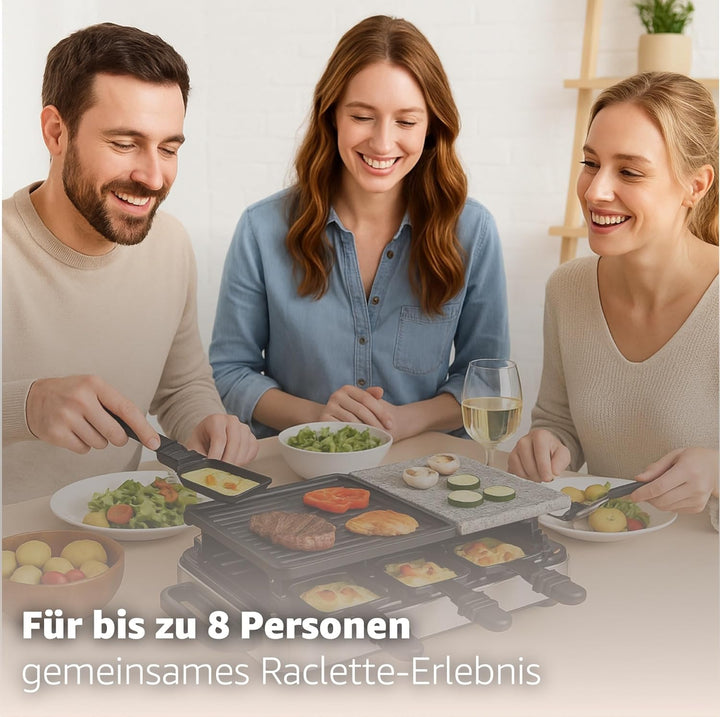 Raclette Set für 8 Personen mit heisser Steinplatte mit Pfannen und Schaber - rostfrei und verstellb