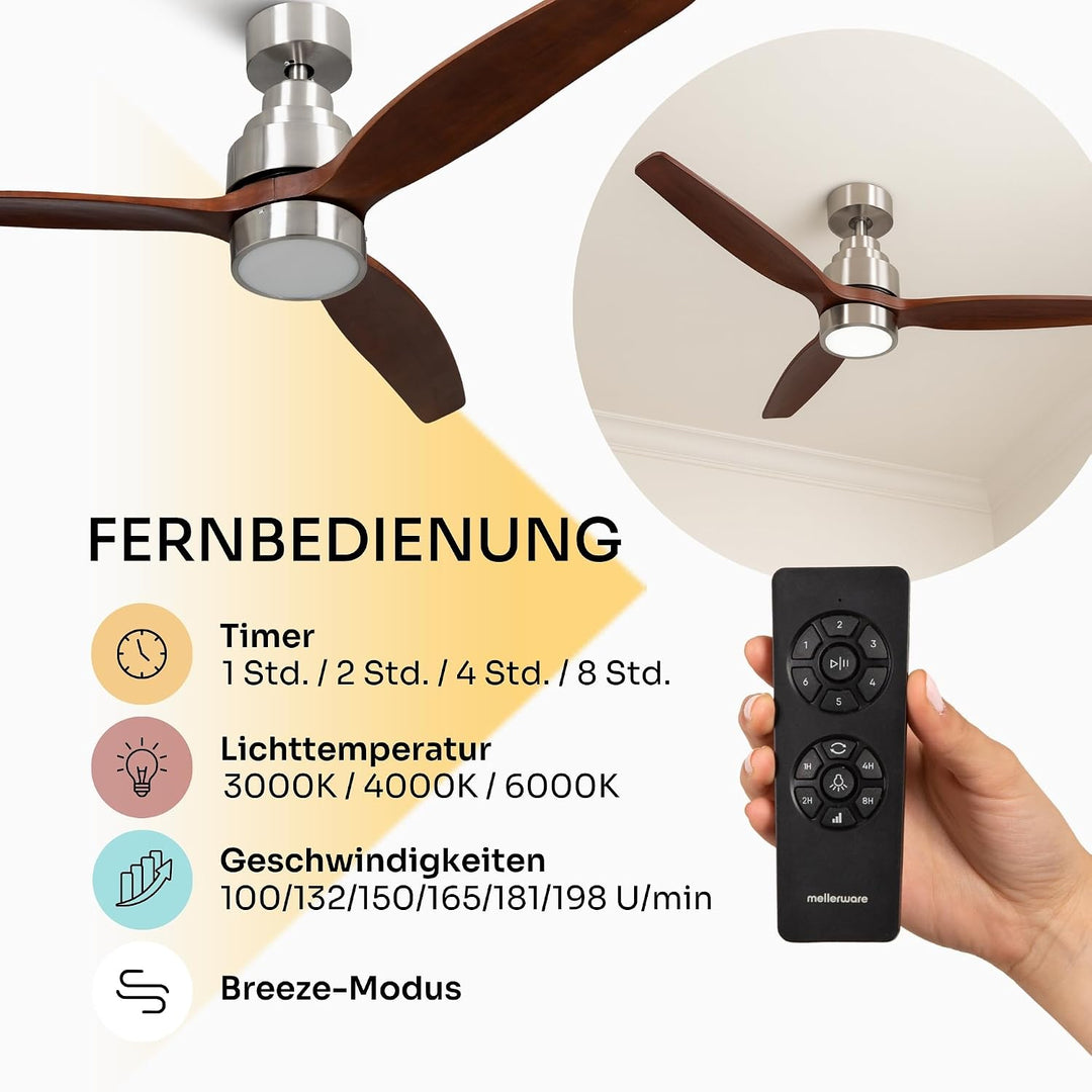 Mellerware - Deckenventilator mit Fernbedienung Brizy Bright | 45 W | 6 Geschwindigkeiten | Ultra le