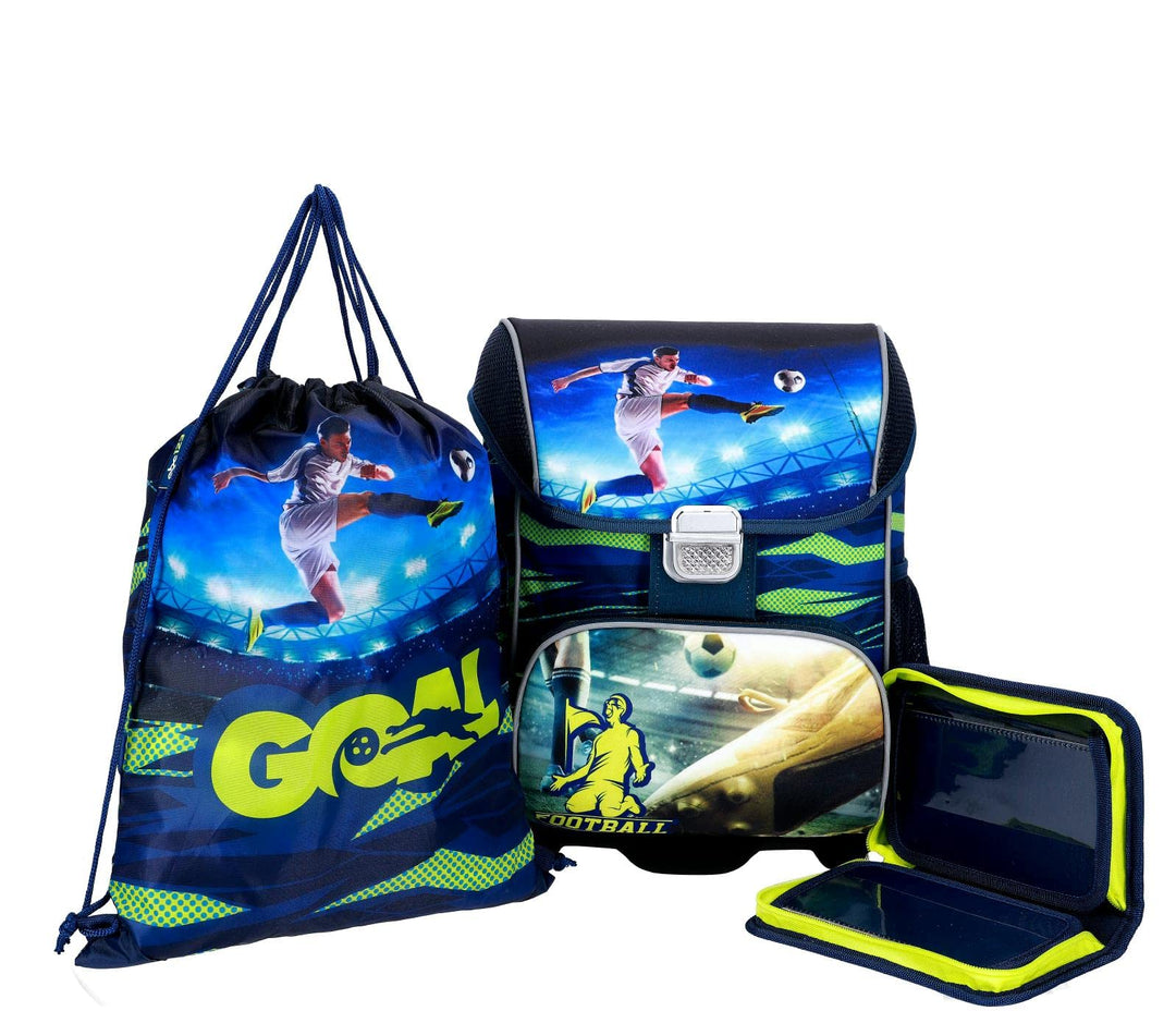 SCOOLSTAR Fussball Schulranzen Schultornister Junge 1 Klasse Schulrucksack Schultasche | SET 3 tlg.