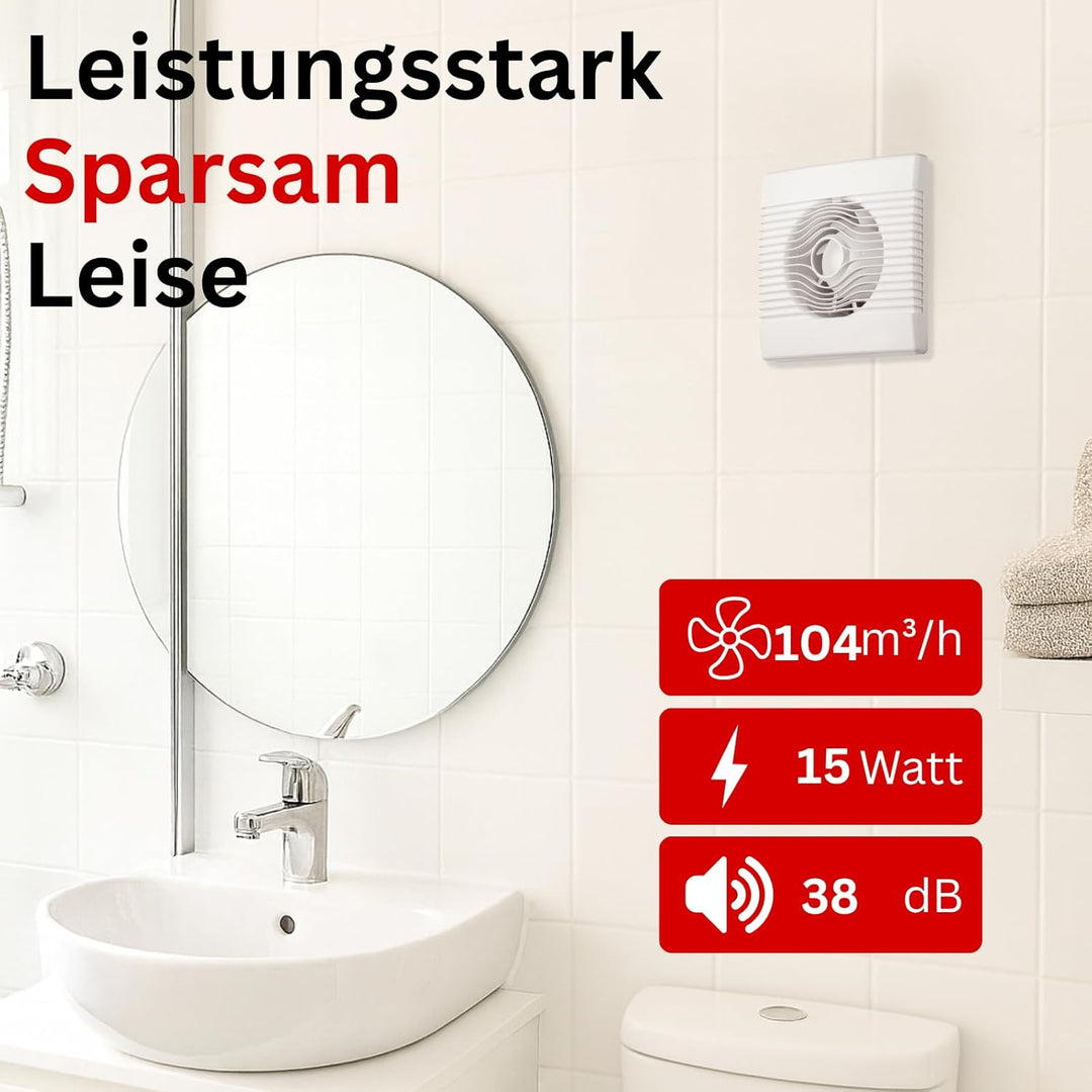 MKK Wohnraumventilator 100mm Wandmontage Lüfter Leise Badlüfter Weiss (Nachlauf), Nachlauf