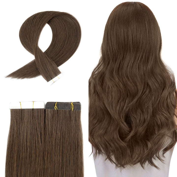 TESS Tape Extensions Echthaar 35 cm, Braun Tape Klebeband Haarverlängerung 20 pcs Glatt Dunkelbraun