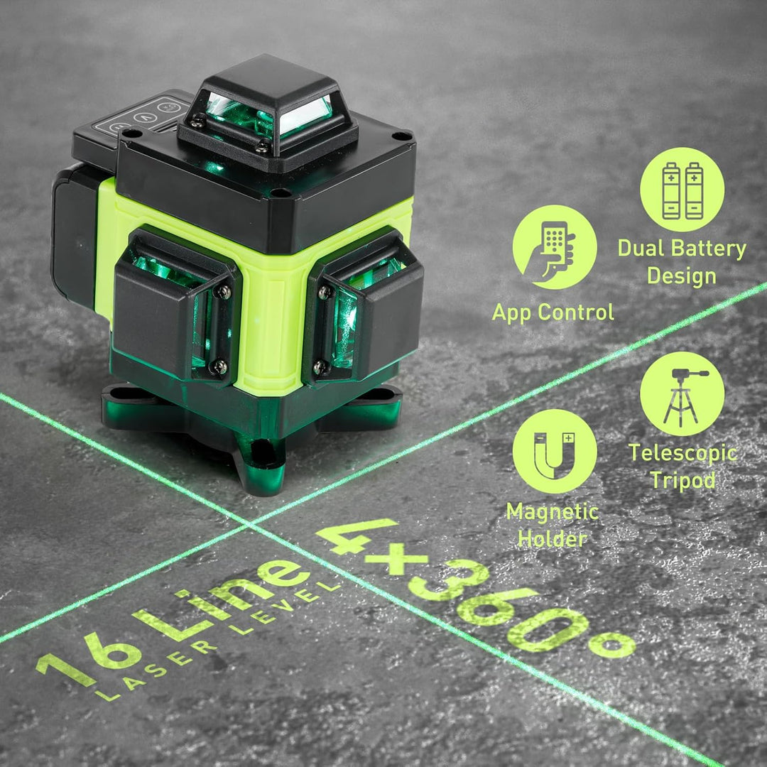Weytoll Kreuzlinienlaser mit Stativ, 16 Line Laser Level IP54 Wasserwaage, 2400mAh Akku*2, mit Teles