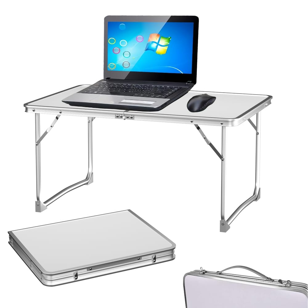Qimu Aluminium=Klapptisch Tragbarer Campingtisch mit Griff für Outdoor und Schoss Stehpult Weiss 60