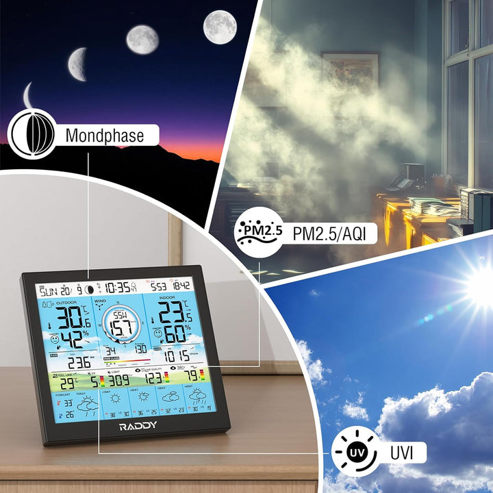 Raddy WF-120P WLAN Wetterstation mit App-Steuerung, 10” HTN Farbdisplay, Innen-/Aussentemperatur & L