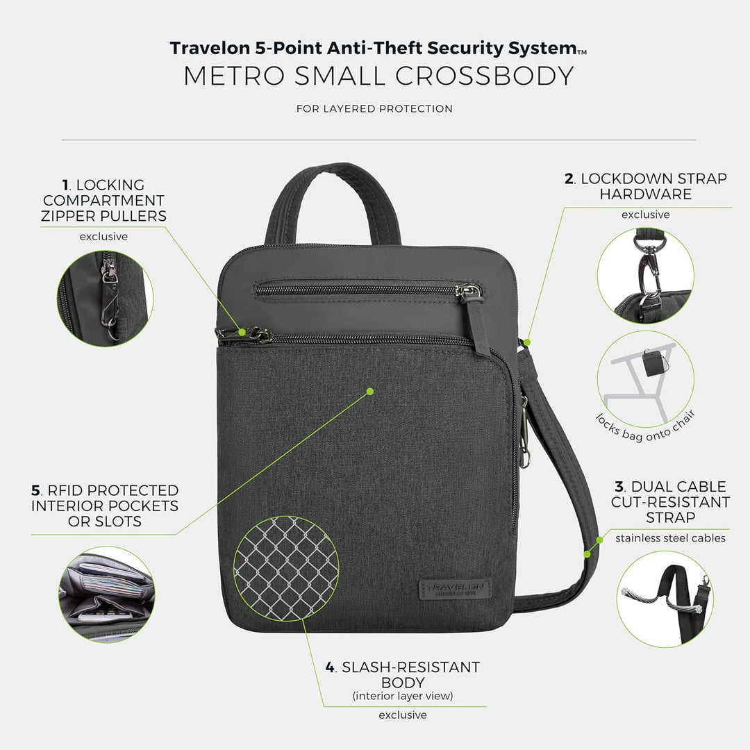 Travelon Unisex Diebstahlschutz Metro Small Crossbody Umhängetasche 9.75 x 10.75 x 2 Grau, 9.75 x 10