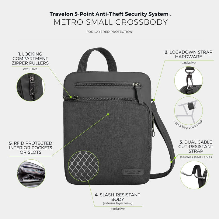 Travelon Unisex Diebstahlschutz Metro Small Crossbody Umhängetasche 9.75 x 10.75 x 2 Grau, 9.75 x 10