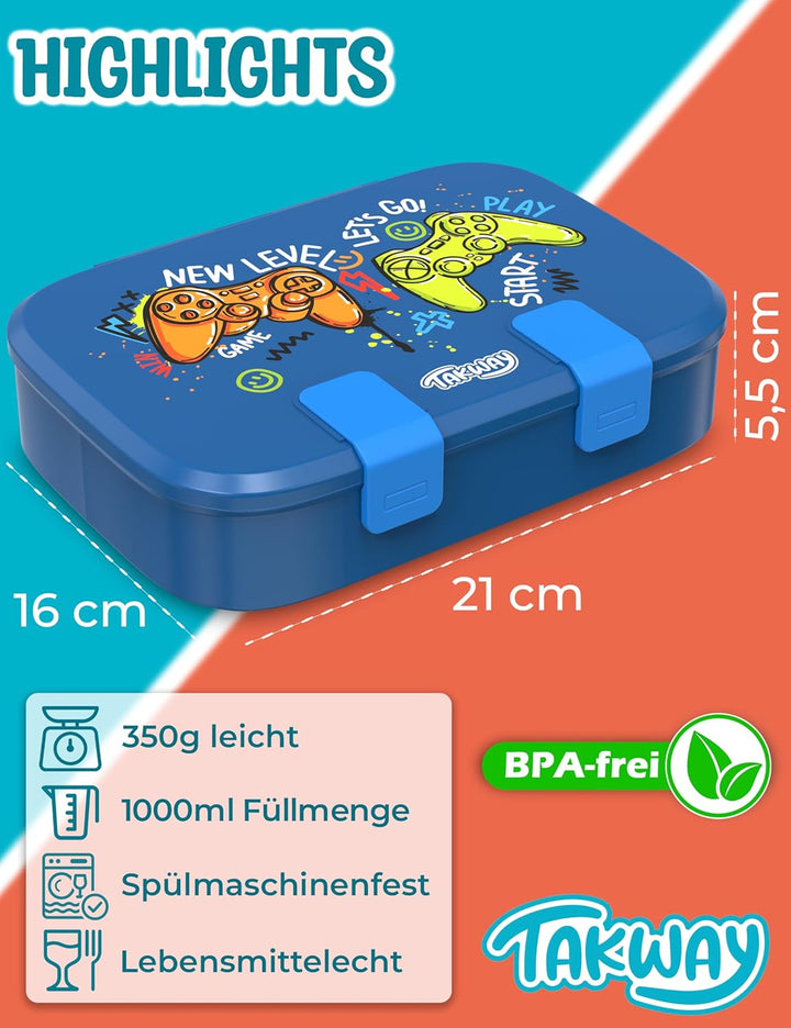 Brotdose Kinder mit Fächern - Bento Box Lunchbox BPA Frei - robust & leicht zu öffnen (Blau-Gaming),