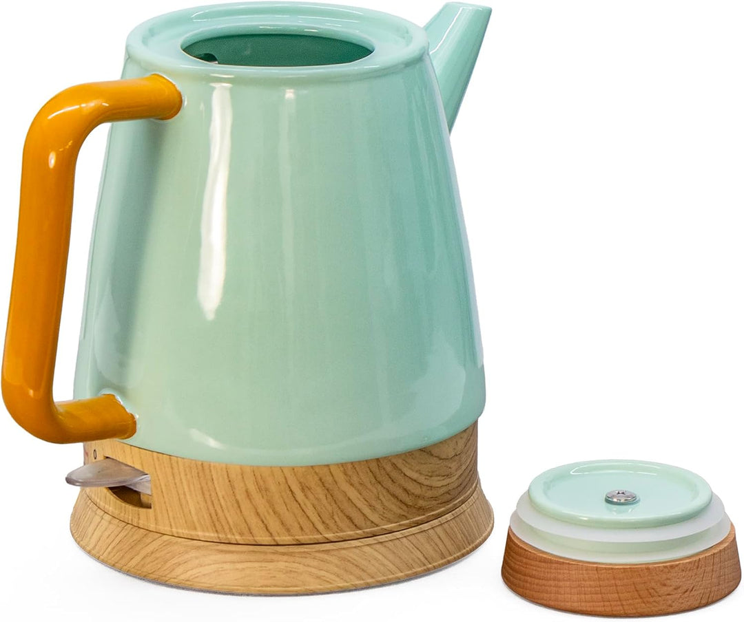 Elektrischer Keramik Wasserkocher 1,5L mint/holz – mit echtem Holzdeckel, 360° drehbarer Sockel, LED