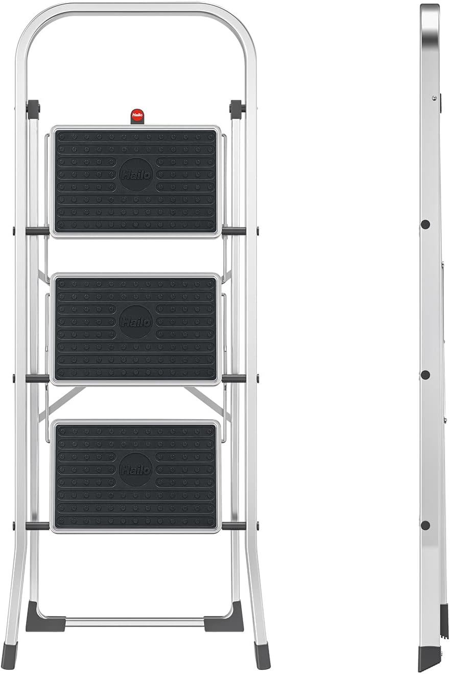 Hailo Alu-Klapptritt StandardLine, 3 grosse Stahl-Stufen bis 150 kg, kleine Alu Leiter mit Anti-Ruts