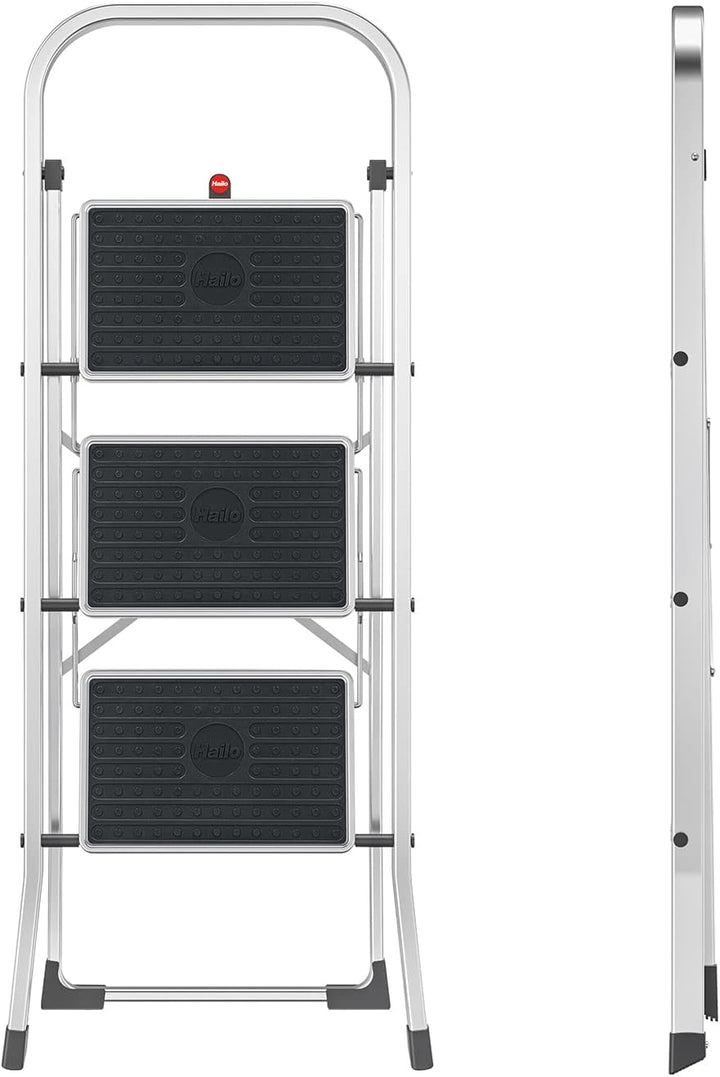 Hailo Alu-Klapptritt StandardLine, 3 grosse Stahl-Stufen bis 150 kg, kleine Alu Leiter mit Anti-Ruts