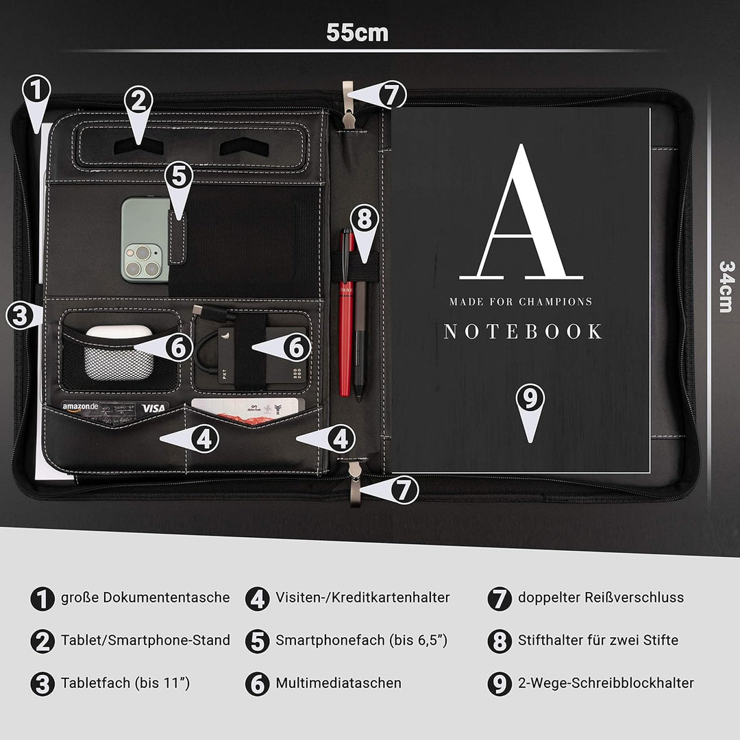 AZORIS PREMIUM® Schreibmappe A4 Premium Konferenzmappe mit viel Stauraum und 13 Zoll Fach für Tablet