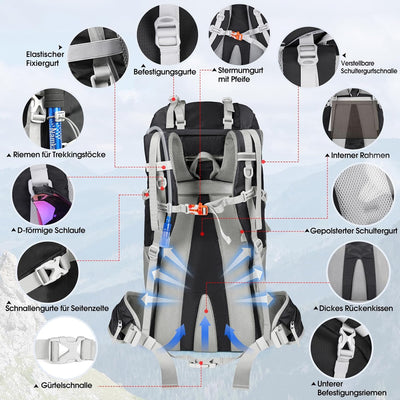 IGOLUMON Wanderrucksack 60L Herren Damen Trekkingrucksack Reiserucksack Grosser Wasserdicht Wandern