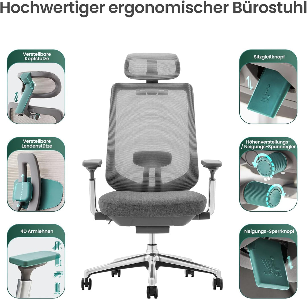 COLAMY XK Atlas Ergonomischer Bürostuhl, Netz-Chefsessel mit verstellbarem Kopfstütze, Computer Schr