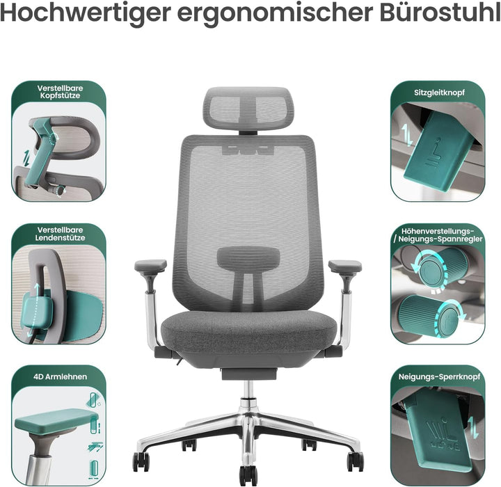 COLAMY XK Atlas Ergonomischer Bürostuhl, Netz-Chefsessel mit verstellbarem Kopfstütze, Computer Schr