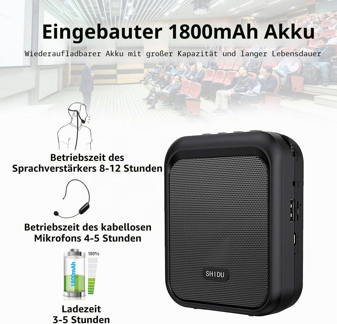 SHIDU Sprachverstärker Tragbarer Bluetooth Lautsprecher mit drahtlosem UHF Mikrofon Headset 10W 1800