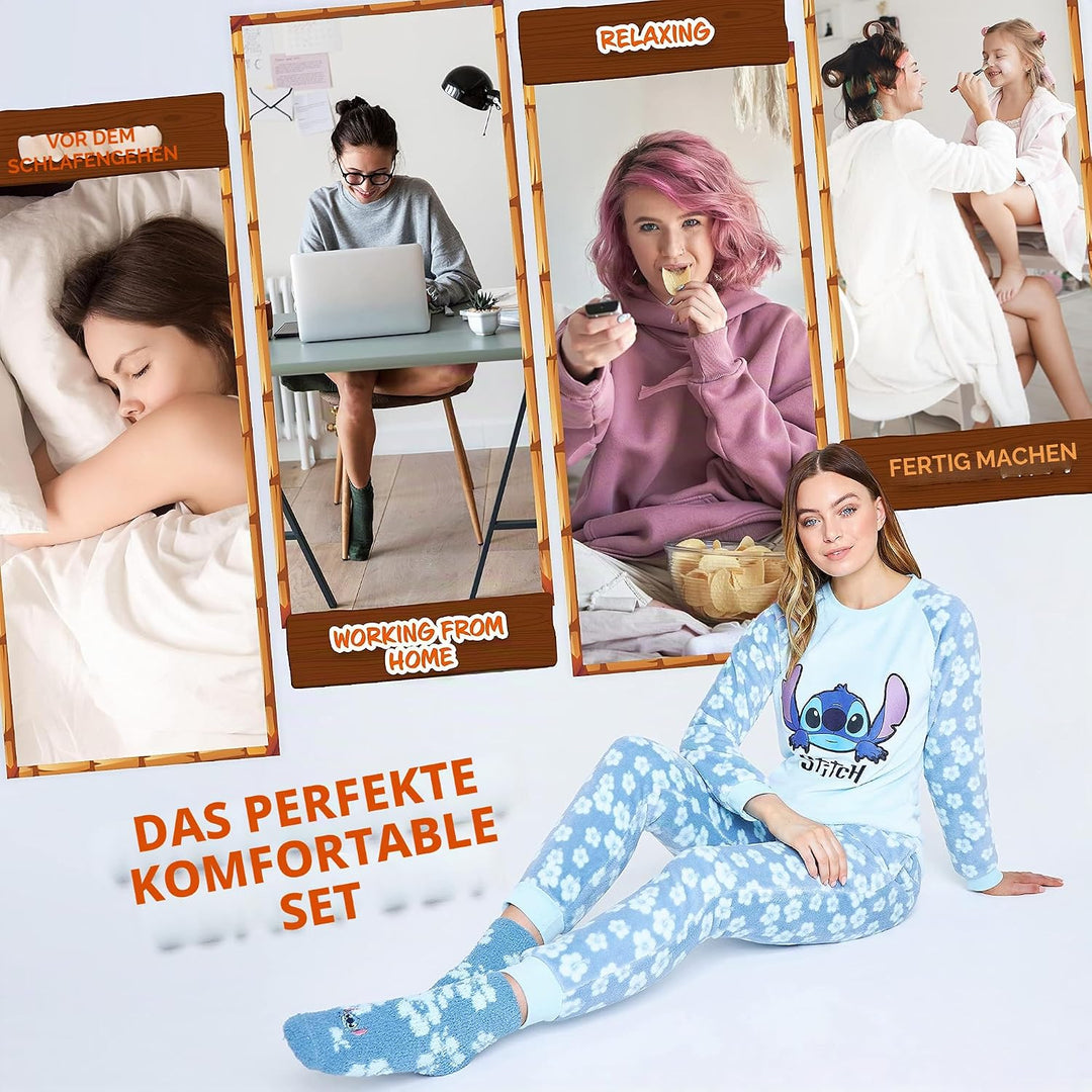 Disney Schlafanzug Damen mit Kuschelsocken Set Charaktere Stitch Geschenke Set L Blau Stitch, L Blau