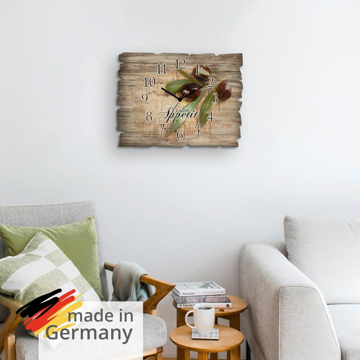 ARTLAND Wanduhr ohne Tickgeräusche aus Holz Quarzuhr 40x30 cm Rechteckig Lautlos Guten Appetit Essen