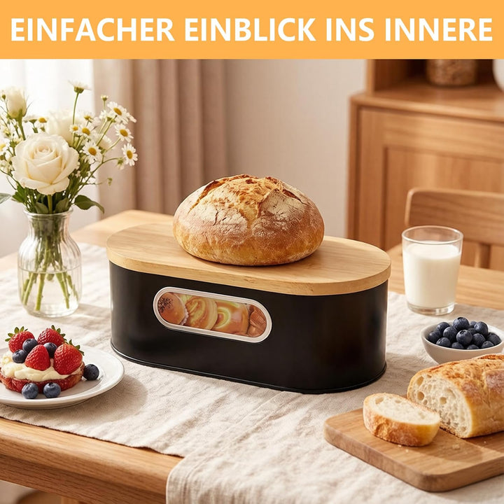 Brotkasten mit Bambusdeckel und Leinen-Brotbeutel | Metall Brot Aufbewahren mit Belüftungslöcher, Br