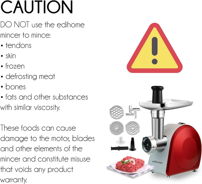 Edihome, Fleischwolf Elektrisch, mit Wurstfüller, Multifunktionell mit 3 Schneidplatten (Rot/Weiss),