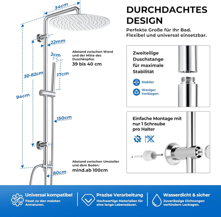 Görbach Edelstahl Duschsystem ohne Armatur, Chrom Regendusche Duschset mit Wandhalterung, Duschkopf