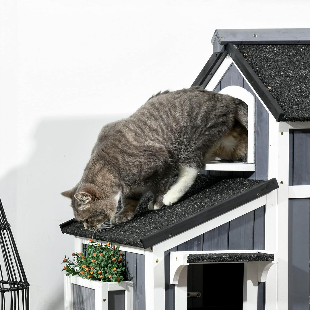 PawHut Katzenhaus aus Holz, Winterfest Katzenhütte mit Mehreren Eingängen, 2 Etagen, Katzenhöhle für