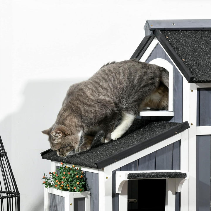 PawHut Katzenhaus aus Holz, Winterfest Katzenhütte mit Mehreren Eingängen, 2 Etagen, Katzenhöhle für