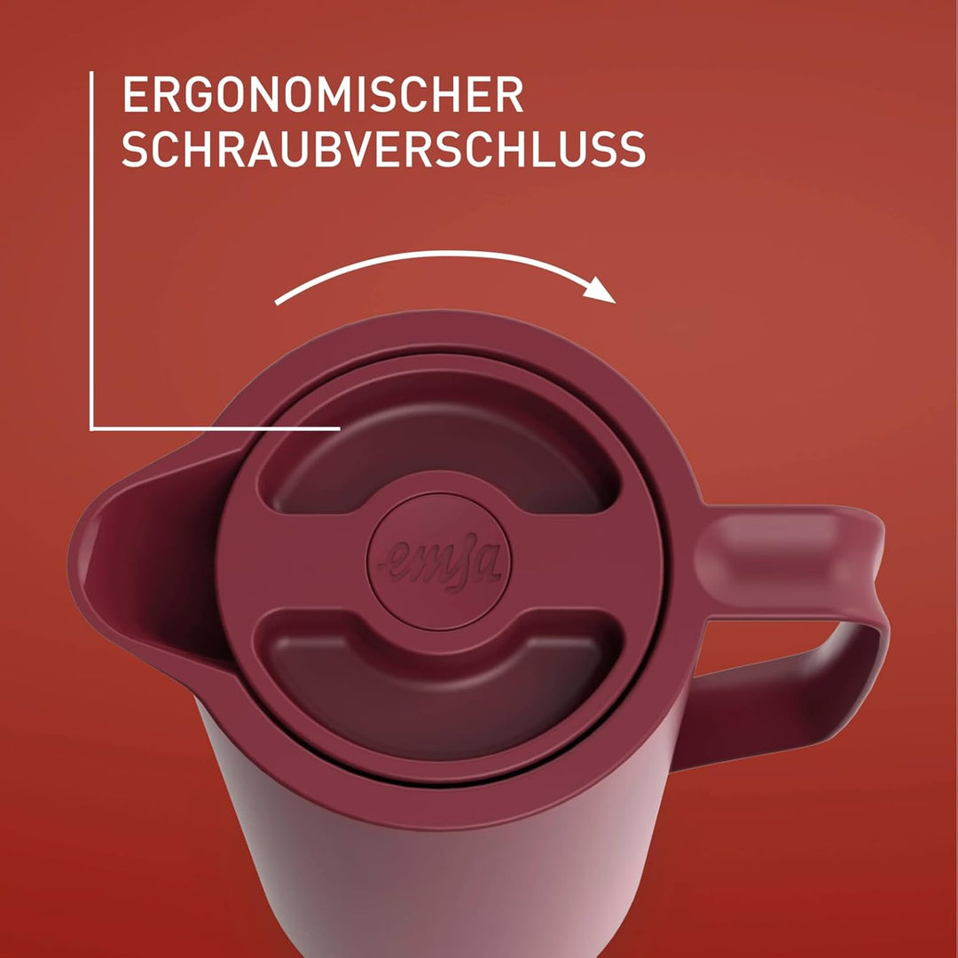 Emsa Motiva Isolierkanne, 1 Liter, Quick-Press-Verschluss, 12h heiss, 24h kalt, Glaskolben, Made in