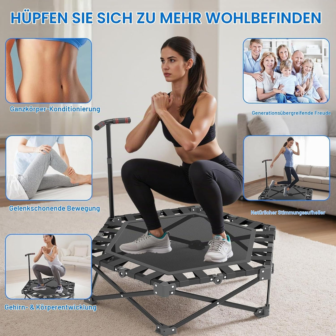 Mini Trampolin Klappbar, Fitness Trampolin Indoor mit Verstellbarem Griff, Minitrampolin für Erwachs