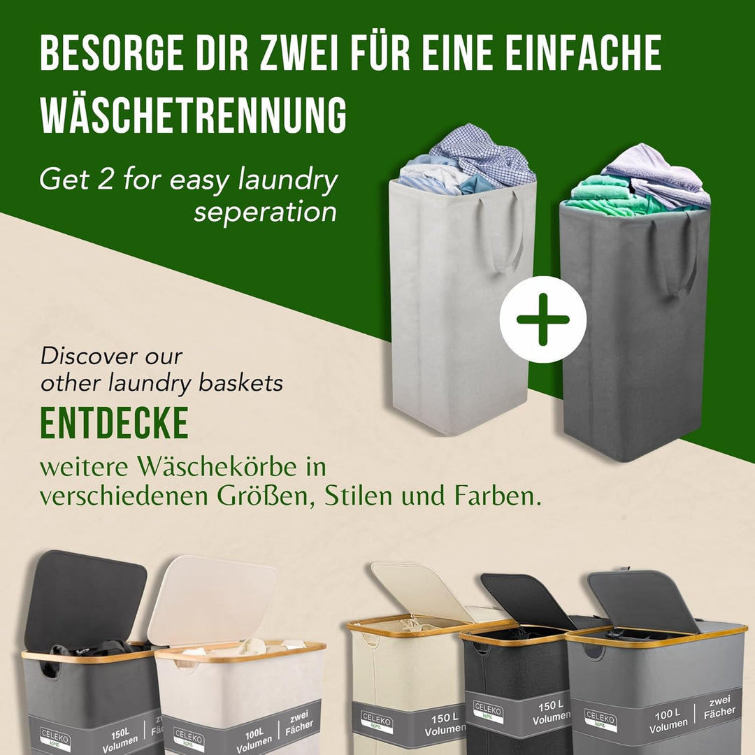 Wäschesammler 100 Liter Grau Faltbarer Wäschekorb Organizer mit erweitertem Griff, Wäschebox Aufbewa