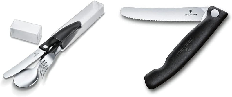 Victorinox Swiss Classic Besteck-Set, 3-teilig, schwarz & Swiss Classic Faltbares Gemüsemesser Welle