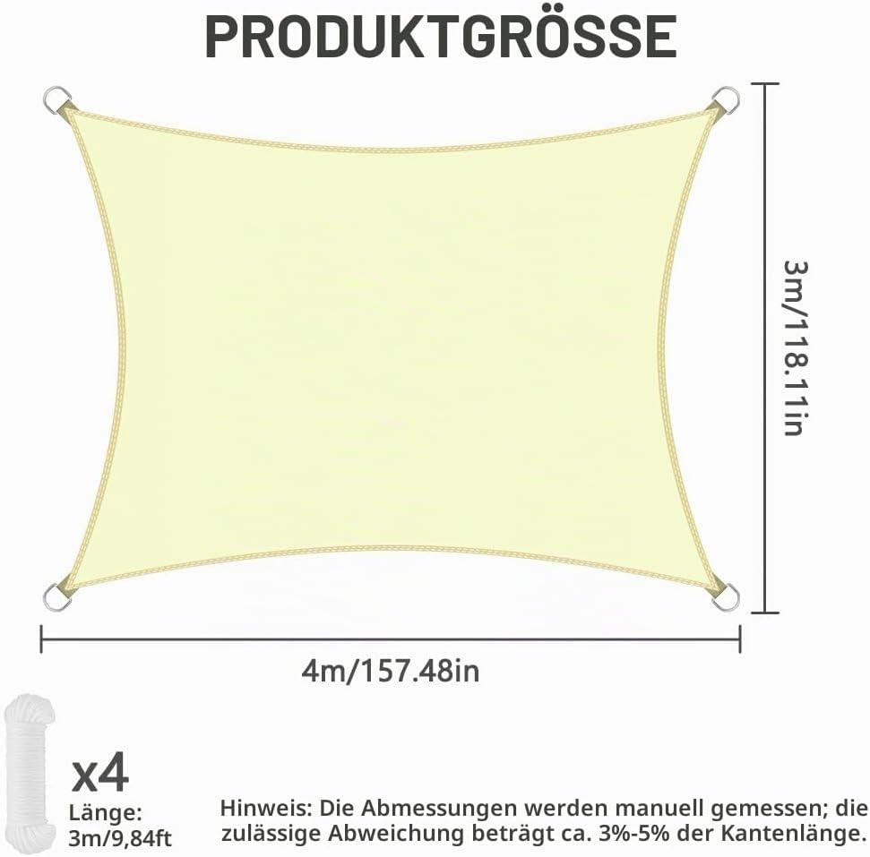 OFFCUP Sonnensegel, Sonnenschutz Baldachin, 3x4m rechteckige Markise Weiss 3 m x 4 m, Weiss 3 m x 4
