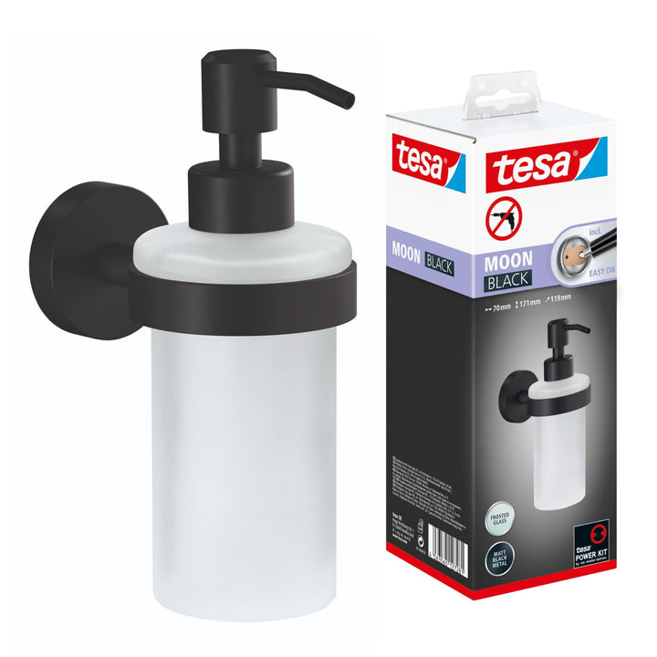 tesa Moon Black Seifenspender, matt schwarz, Pumpspender aus satiniertem Glas, 200 ml - für Bäder im