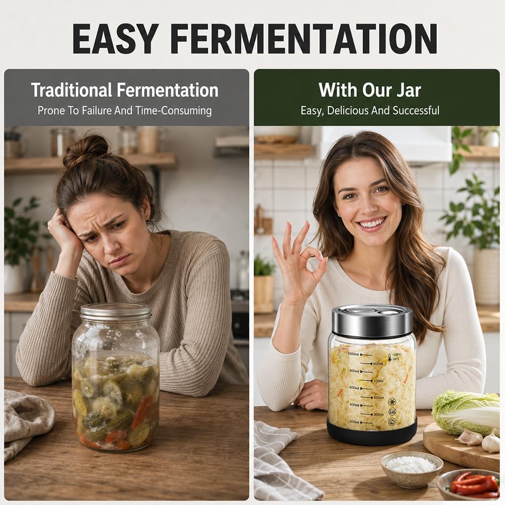 Fermentierglas 1L, 2 Stück Fermentiergläser mit Ventil, Kimchi Behälter mit Deckel, Fermentationsgla