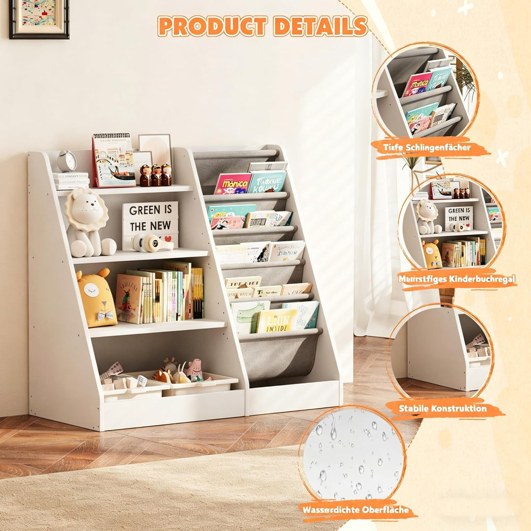Kinderregal Bücherregal für Kinder 90x40x80cm, mit 5 Ablage und 4 offenen Fächern, Holz, Spielzeugre