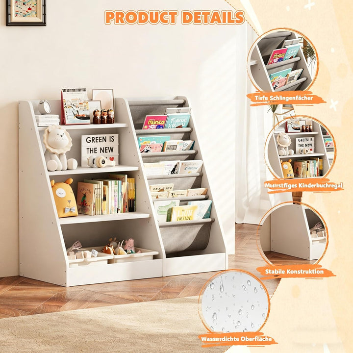Kinderregal Bücherregal für Kinder 90x40x80cm, mit 5 Ablage und 4 offenen Fächern, Holz, Spielzeugre