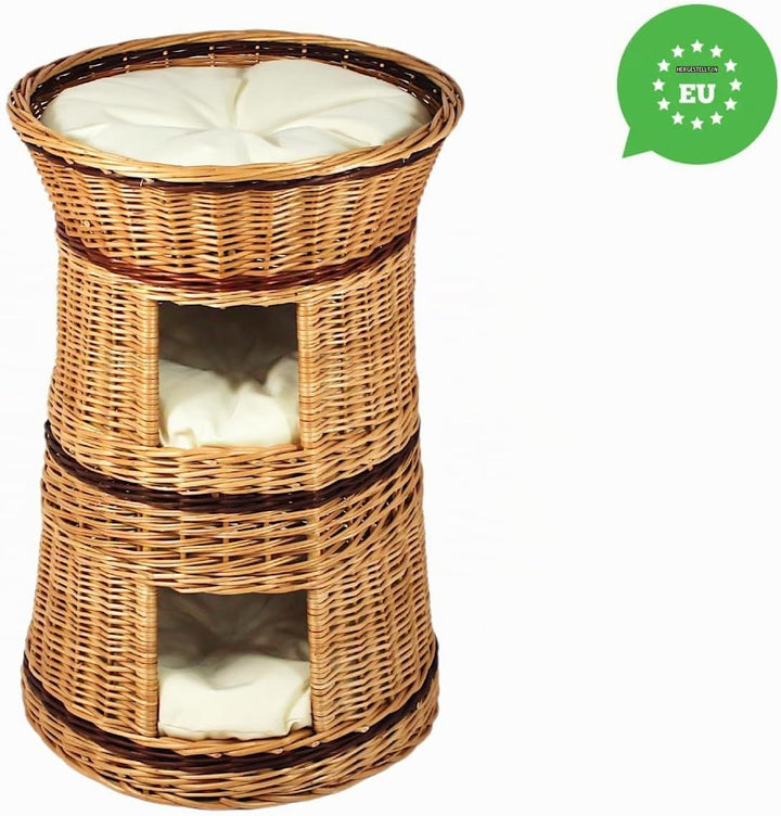 Katzenkorb zum Schlafen – Katzenhütte Indoor – Grösse: 50 cm rund – Katzenhöhle aus Weide – Dreistuf