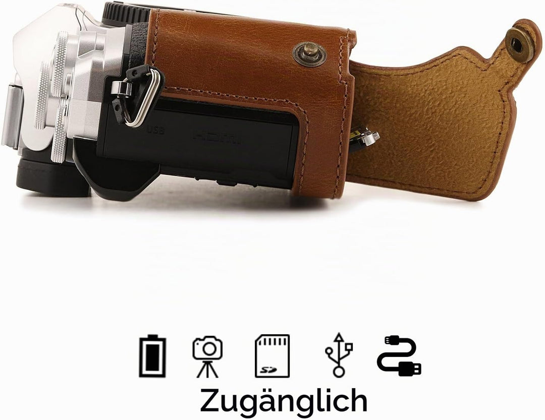 MegaGear Ever Ready Leder Kamera Halbtasche mit Trageriemen kompatibel mit Olympus OM-D E-M10 Mark I