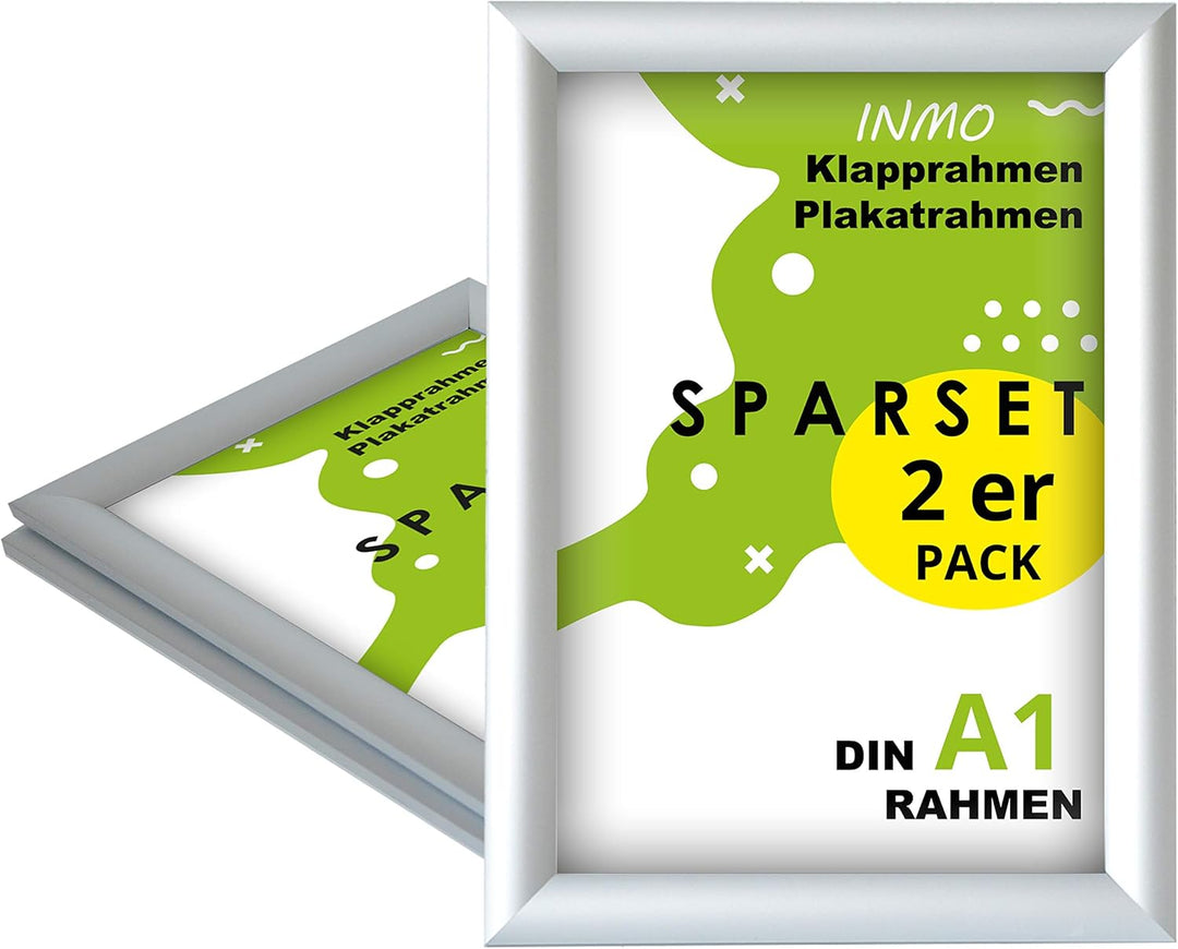 INMO Alu-Klapprahmen DIN A1 2 Stück mit Aluminium Profil ohne Glas - Klappbarer Bilderrahmen Silber