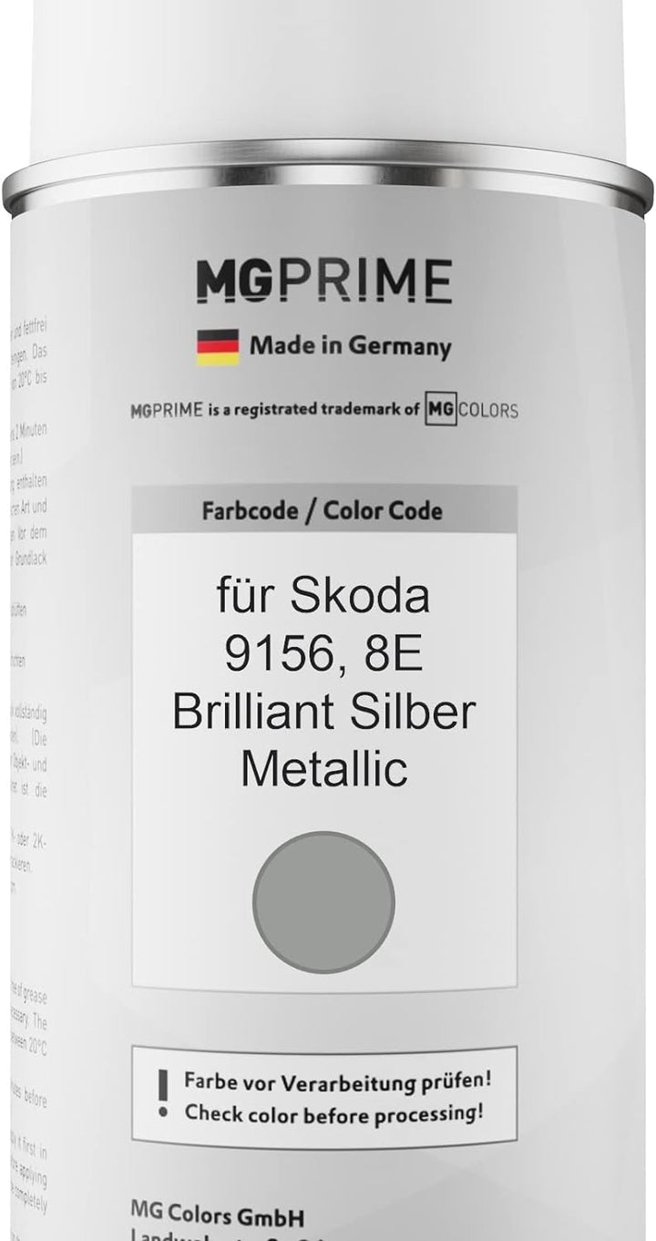MG PRIME Autolack 2K Spraydosen Set für Skoda 9156 / 8E Brilliant Silber Metallic Basislack 2 Kompon