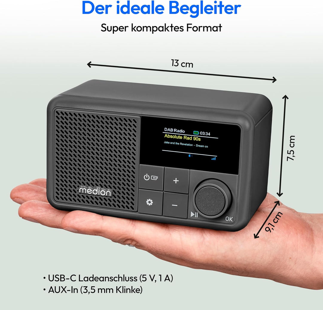MEDION S66822 Tragbares Mini DAB+ Radio mit Bluetooth (Akku, dimmbares Farbdisplay, Teleskopantenne,