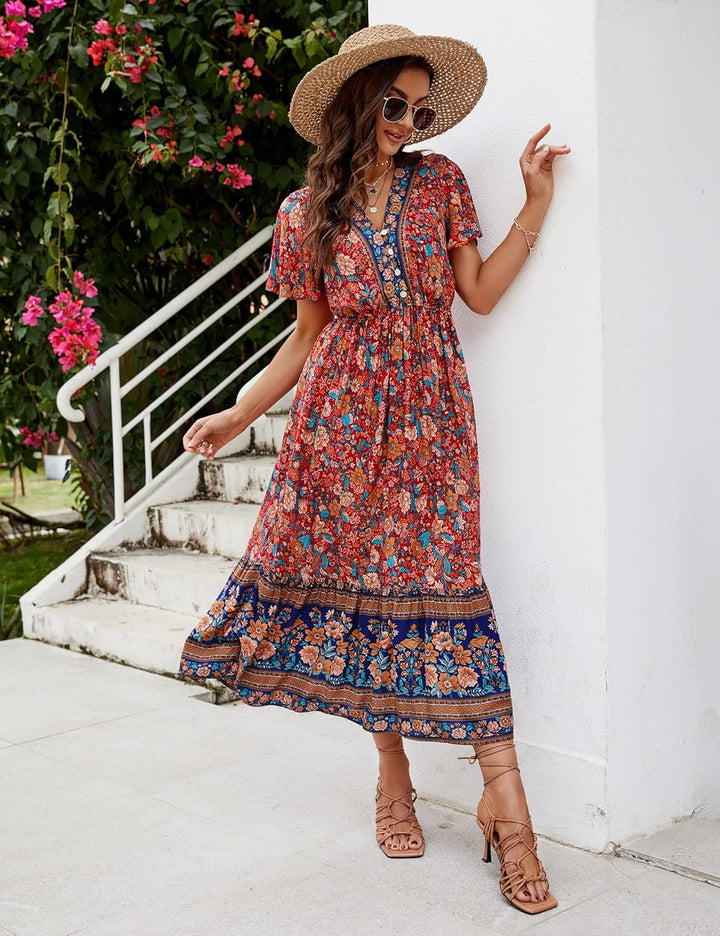 Clearlove Damen Sommerkleid Boho Kurzarm Midi Kleider V-Ausschnitt Strandkleid lang Blumenkleid Rüsc