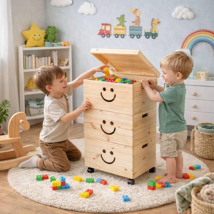 Pinus - Spielzeugkiste Holz mit Deckel 3-in-1, Spielzeug Aufbewahrung Lächeln, 39x30x74 cm, Aufbewah