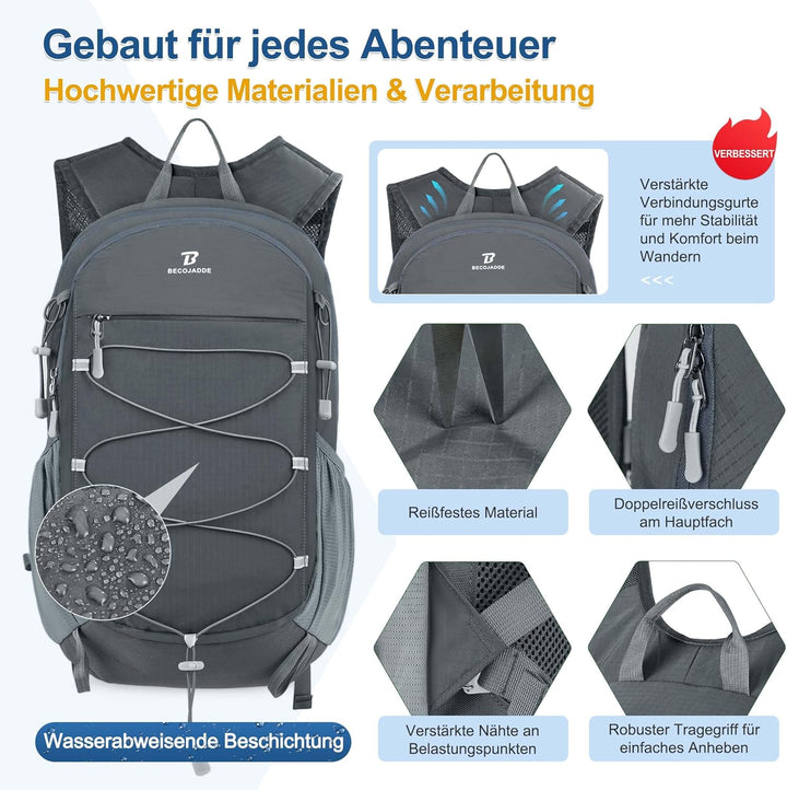 BECOJADDE 20L Kleiner Wanderrucksack Tagesrucksack Herren Damen Leichter Faltbarer Rucksack mit Brus