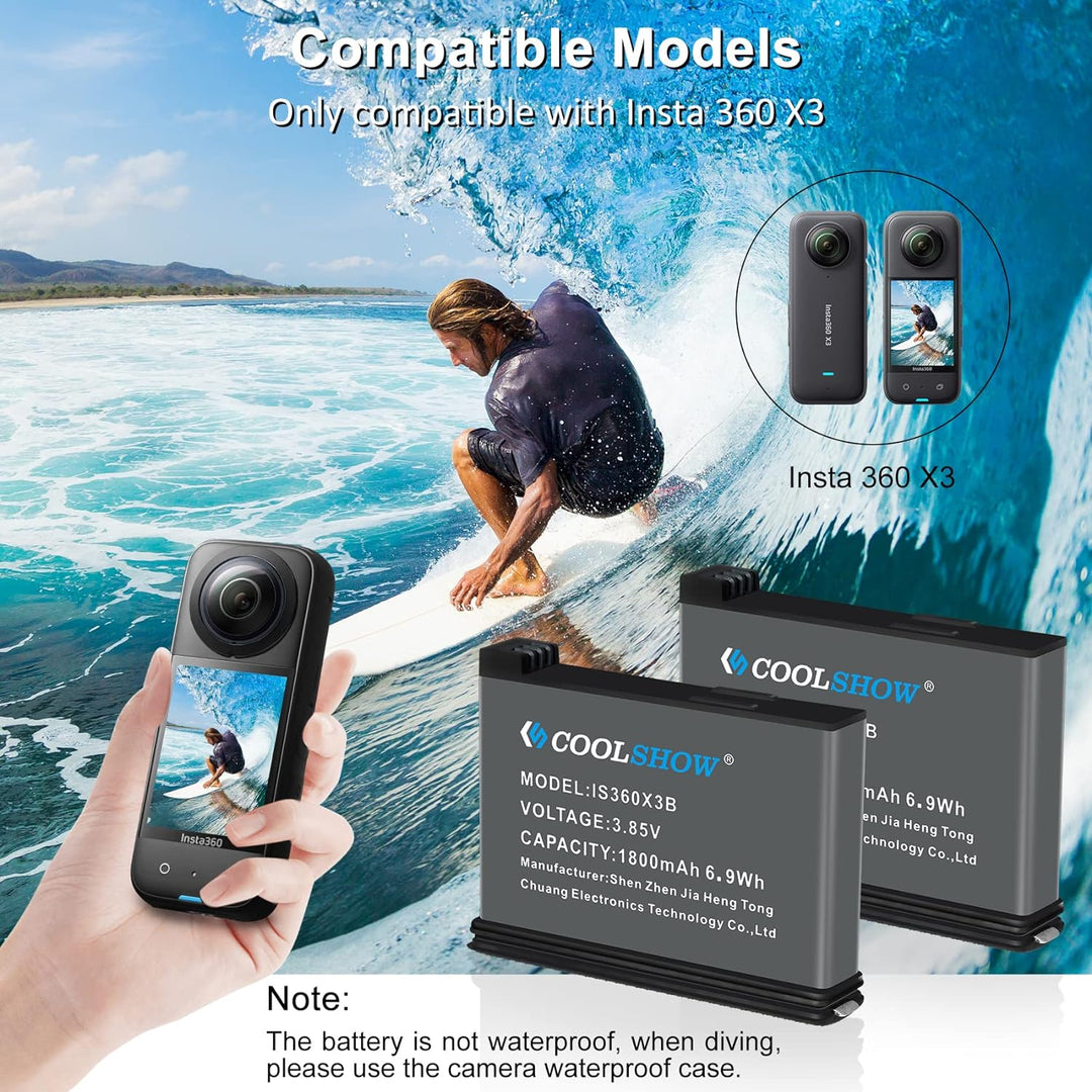 COOLSHOW Action Kamera Akku 1800mAh 2 Stück und Dreifach Ladegerät Set für Insta360 X3 und X3 Ladege