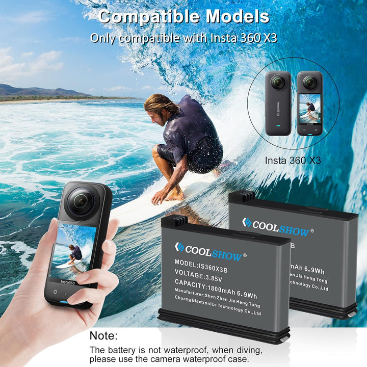 COOLSHOW Action Kamera Akku 1800mAh 2 Stück und Dreifach Ladegerät Set für Insta360 X3 und X3 Ladege