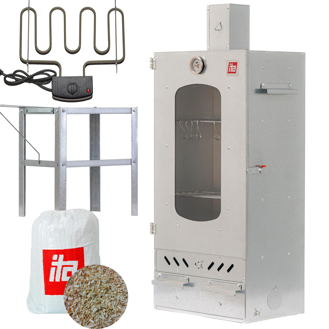 ITA Räucherofen 7012 - Smoker Set mit Heizelement, Tisch & Räucherspänen - Räucherschrank mit 3 Etag